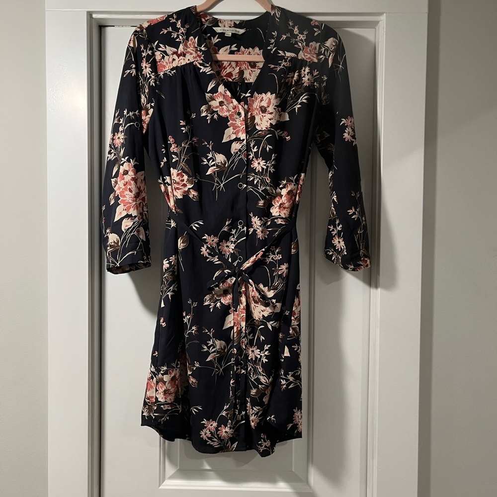 Dark Indigo Floral Tie Dress with Pink & Cream Blossoms